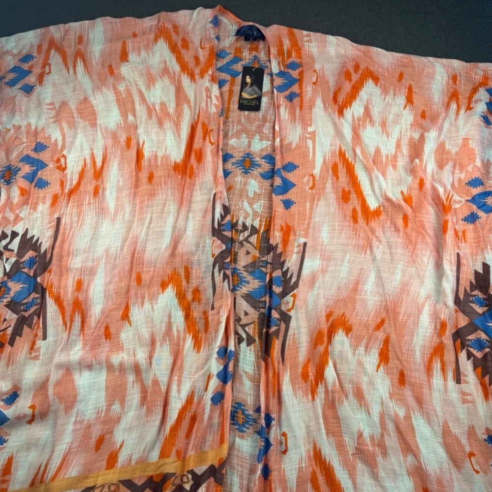 Rachel Roy Womens Kimono Cardigan Orange Blue Aztec Print Lightweight - Picture 2 of 7